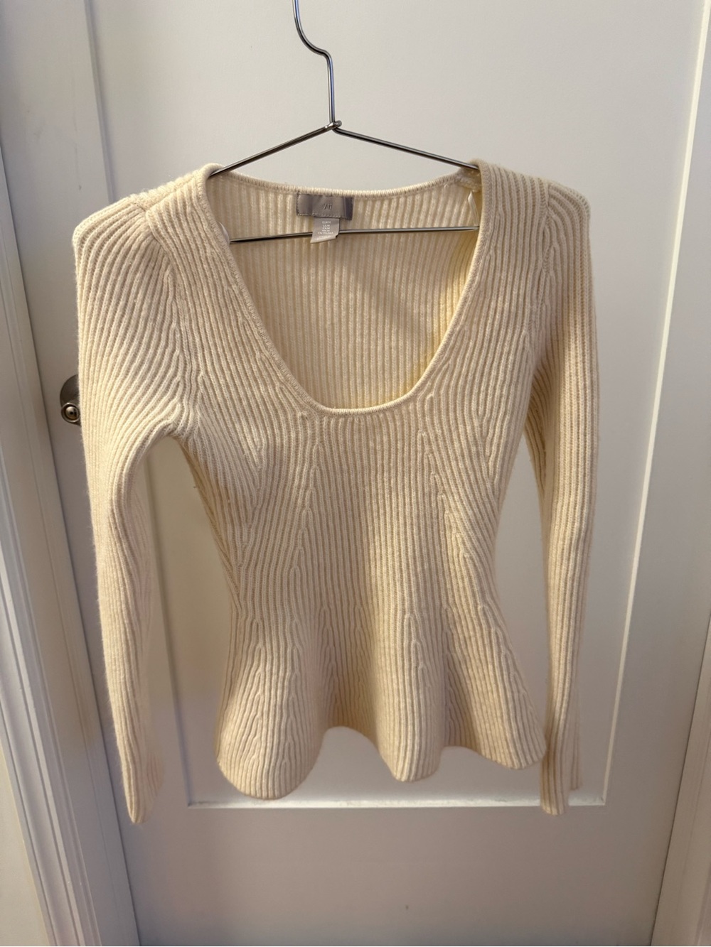 Cream Ribbed Scoop Neck Women's Sweater